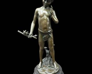 Bronze Sculpture by Auguste Moreau " Boy with Birds on a Stick"