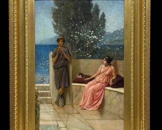 Large Antique Alfred Weatherstone Oil on Canvas Woman & Man Playing the Flute Greek Scene