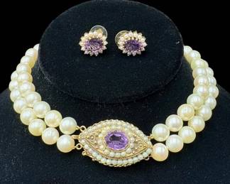 Pearl Choker Necklace with Matching Earrings 14k Gold and Amethyst Stones