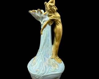 Art Nouveau 8" Blue Figural Vase with Gold Maiden Handle