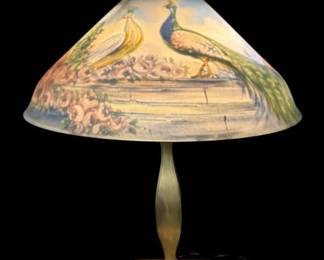 Large American Pairpoint Reverse Painted Signed Peacock Lampshade with Bronze Base