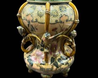 Large Zsolnay Chinoiserie Motif Hand Painted Vase with Birds & Flowers