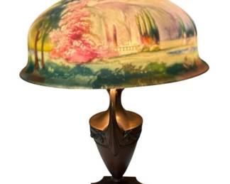 Large American Pairpoint Reverse Painted Lampshade and Lamp Garden Scene