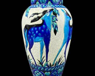 Charles Catteau Art Deco Earthenware Deer Motif 12" Urn Style Vase