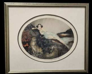 Framed Art Deco Etching by French Artist Louis Icart "Leopards"