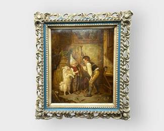 Antique Oil Painting on Board with Children and Dog - After Carl Boker