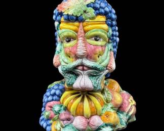 1960's Large Italian Giuseppe Arcimboldo Style Ceramic Lidded Vessel Bust