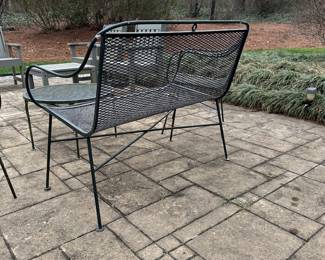 H5 - $375. 4 Piece Wrought Iron Set. Bench measures 41" x 32.5" tall. Chairs are 21" x 31.5" tall. Round table is 24" x 15.5" (They look like Salterini and the measurements are right) All pieces are in great vintage condition!