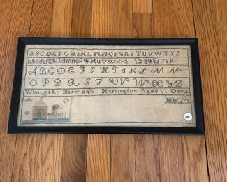 H13 - $195. 1816 Sampler Measures 18.5" x 10" tall. Wrought by Mary Ann Harrington. Aged 11, Dec. 1916. 