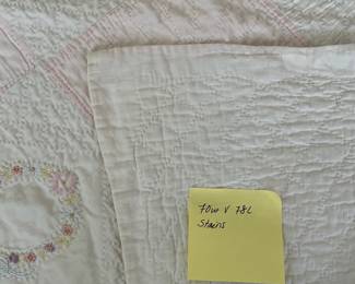 H52 - $65. Hand Quilted and Hand Embroidered. Measures 70" x 78". Does have some staining - no big holes, rips etc. 