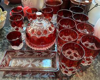 H86 - $35. Set of Kings Crown Red Ruby Thumbprint Pieces. 