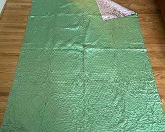H53 - $85. Reversible Green & Purple Silk (?)  Quilted Blanket. Hand Quilted, Hand Sewn Binding. Measures 68" x 88". 
