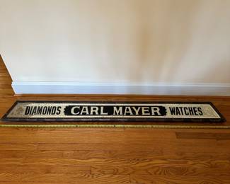 H11 - $850. Antique, wooden framed & mirrored, Carl Mayer Jewelry Store Sign. Rawson & Evans Co. Chicago Sign Makers. Measures 6' x 7.5". 