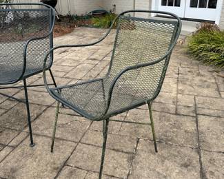 H5 - $375. 4 Piece Wrought Iron Set. Bench measures 41" x 32.5" tall. Chairs are 21" x 31.5" tall. Round table is 24" x 15.5" (They look like Salterini and the measurements are right) All pieces are in great vintage condition!