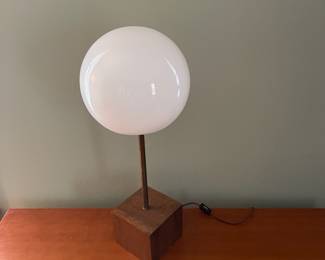 H25 - $40. Fun Vintage Table Lamp in great condition! Brass Post, Glass Globe and Wooden Base. Measures 20" tall. Globe is NOT attached. 