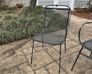 H5 - $375. 4 Piece Wrought Iron Set. Bench measures 41" x 32.5" tall. Chairs are 21" x 31.5" tall. Round table is 24" x 15.5" (They look like Salterini and the measurements are right) All pieces are in great vintage condition!