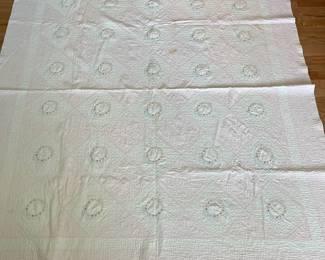 H52 - $65. Hand Quilted and Hand Embroidered. Measures 70" x 78". Does have some staining - no big holes, rips etc. 