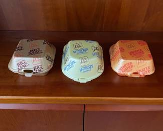 H75 - $30. Vintage 1990s McDonalds Clam Shell Containers. Big Mac, McChicken & Quarter Pounder. (It's ok. I laughed too! Who knew your old trash would have collector value!)