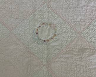 H52 - $65. Hand Quilted and Hand Embroidered. Measures 70" x 78". Does have some staining - no big holes, rips etc. 