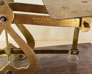 H67 - $40. Vintage Brass & Wood Postal Scale. 5 Weights. Made in England. 