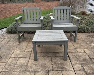H4 - $225 3 Pc Set. Highwood USA Lehigh Garden Chair & Single Table. Chairs are 27" wide x 35" tall in a nice green color. Table is 24" square x 16" tall. All pieces are sturdy. 
