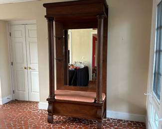 H7 - $550. Pier Mirror & Antique Hall Tree with Lidded Storage Bench. Old / Original  Beveled Mirror. Measures 43.5" wide x 20" deep x 88" tall.  PLEASE CHECK MEASUREMENTS AND HAVE HELP TO MOVE!