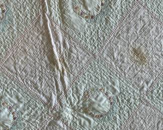 H52 - $65. Hand Quilted and Hand Embroidered. Measures 70" x 78". Does have some staining - no big holes, rips etc. 