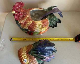 H87 - $85. Fitz & Floyd Rooster Soup Tureen & Ladle. (Ladle has a paint chip otherwise in very good condition!)