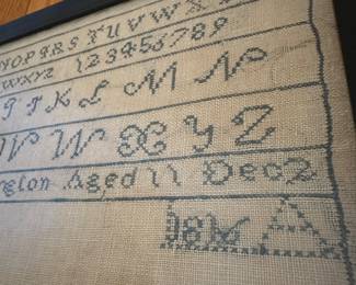 H13 - $195. 1816 Sampler Measures 18.5" x 10" tall. Wrought by Mary Ann Harrington. Aged 11, Dec. 1916. 