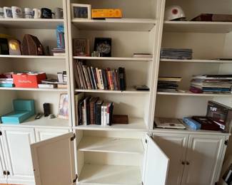 H18 - $75 EACH. 4 Units- Sold individually OR as a set. Wooden Bookcases with storage in the bottom. Each measures 32" wide x 12" deep x 84" tall.  Overall very good condition. Shelves are adjustable. 