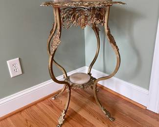 H32 - $325. Brass & Onyx Victorian Side Table / Fern Stand. Measures 17" square x 30.5" tall. 