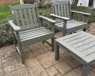H4 - $225 3 Pc Set. Highwood USA Lehigh Garden Chair & Single Table. Chairs are 27" wide x 35" tall in a nice green color. Table is 24" square x 16" tall. All pieces are sturdy. 