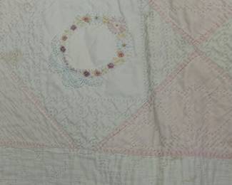 H52 - $65. Hand Quilted and Hand Embroidered. Measures 70" x 78". Does have some staining - no big holes, rips etc. 