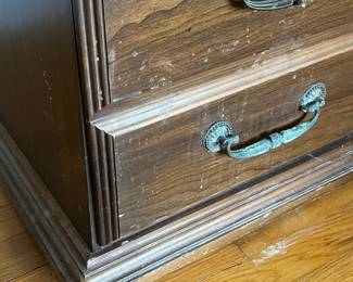 H19 - $10. 2 Drawer Wooden Filing Cabinet. Measures 18.25" wide x 26.5" deep x 29.5" tall. Some surface scratches and we do not have the key. 