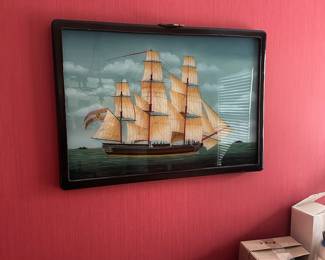 H61 - $75. Reverse Painted Ship Painting from Bombay Co.  Measures 27.5" x 19.5" 