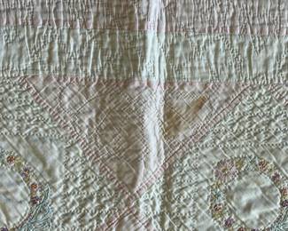 H52 - $65. Hand Quilted and Hand Embroidered. Measures 70" x 78". Does have some staining - no big holes, rips etc. 