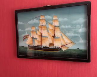H61 - $75. Reverse Painted Ship Painting from Bombay Co.  Measures 27.5" x 19.5" 