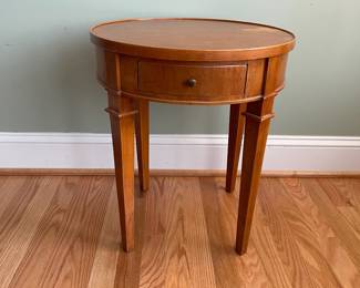 H33 - $30. Solid Wood Side Table. Single Drawer. Measures 18" round x 20" tall. Has water damage on the top. Great project piece!