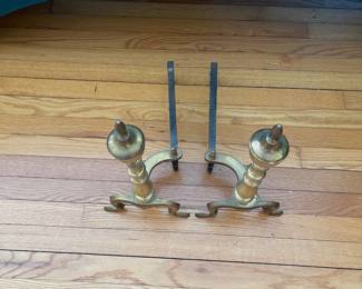 H70 - $30. PAIR of Brass Andirons. Measures 17" tall. 
