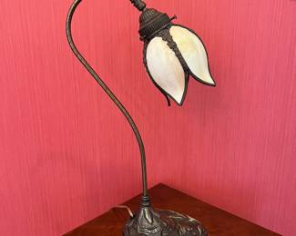 H9 - $95. Tulip Lamp with Slag Glass Shade. Measures 19.5" tall. 