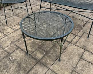 H5 - $375. 4 Piece Wrought Iron Set. Bench measures 41" x 32.5" tall. Chairs are 21" x 31.5" tall. Round table is 24" x 15.5" (They look like Salterini and the measurements are right) All pieces are in great vintage condition!