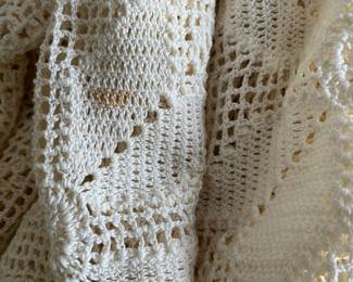 H54 - $45. Crocheted Coverlet. Measures 70" x 98". Not discolored - 2 shades of yarn were used.  