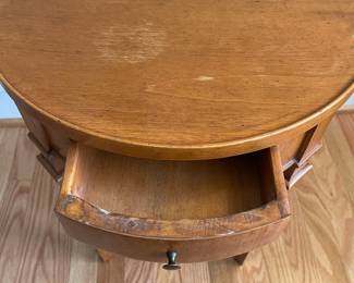 H33 - $30. Solid Wood Side Table. Single Drawer. Measures 18" round x 20" tall. Has water damage on the top. Great project piece!