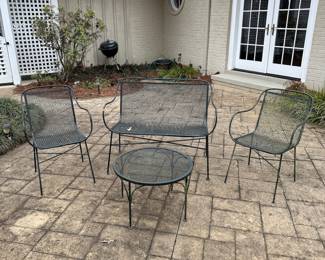 H5 - $375. 4 Piece Wrought Iron Set. Bench measures 41" x 32.5" tall. Chairs are 21" x 31.5" tall. Round table is 24" x 15.5" (They look like Salterini and the measurements are right) All pieces are in great vintage condition!