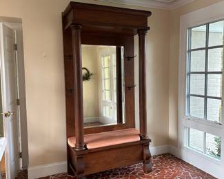 H7 - $550. Pier Mirror & Antique Hall Tree with Lidded Storage Bench. Old / Original  Beveled Mirror. Measures 43.5" wide x 20" deep x 88" tall.  PLEASE CHECK MEASUREMENTS AND HAVE HELP TO MOVE!