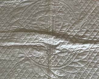 H53 - $85. Reversible Green & Purple Silk (?)  Quilted Blanket. Hand Quilted, Hand Sewn Binding. Measures 68" x 88". 