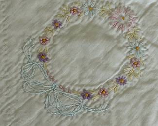 H52 - $65. Hand Quilted and Hand Embroidered. Measures 70" x 78". Does have some staining - no big holes, rips etc. 