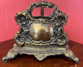 H69 - $60. Vintage Ornate Brass Neo Classical Lamp. 19" tall. Shade is in good condition. 