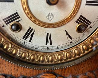 H23 - $60. 1890s Antique American Ansonia Pulford Oak Mantle Clock. Measures 11.75" x 14.75" tall. Chimes but does not work correctly. 