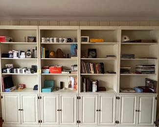 H18 - $75 EACH. 4 Units- Sold individually OR as a set. Wooden Bookcases with storage in the bottom. Each measures 32" wide x 12" deep x 84" tall.  Overall very good condition. Shelves are adjustable. 